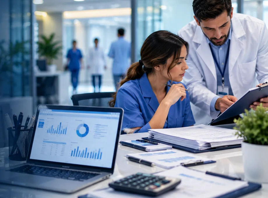 Healthcare professionals reviewing administrative documents